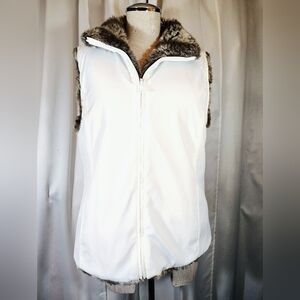 Land's End Zip Up Vest, Women White+Brown Sherpa Lining, Pockets, Waterproof, 10